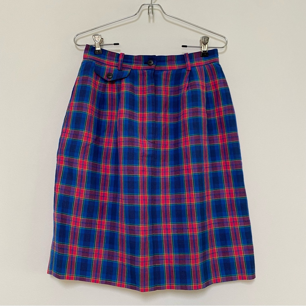 Talbots Vintage Plaid Print Linen Vibrant Colors Skirt Size S Blue